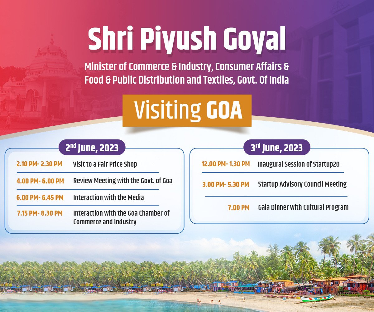 Minister @PiyushGoyal is visiting Goa on 2nd & 3rd June 2023 to review the progress of various development schemes & hold interactions with key stakeholders.

He will also attend the Startup20 Engagement Group Meeting, organised under India's G20 Presidency.