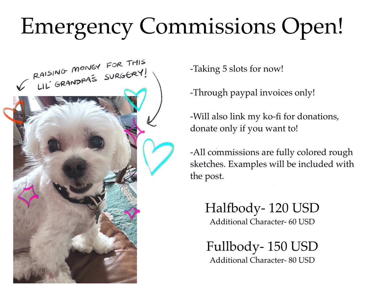 t_ulliok's tweet image. My commissions are now open! I am raising funds for my dog’s really expensive surgery, please share around if you can! 🤍🤍🤍
Other important info and links will be below~
