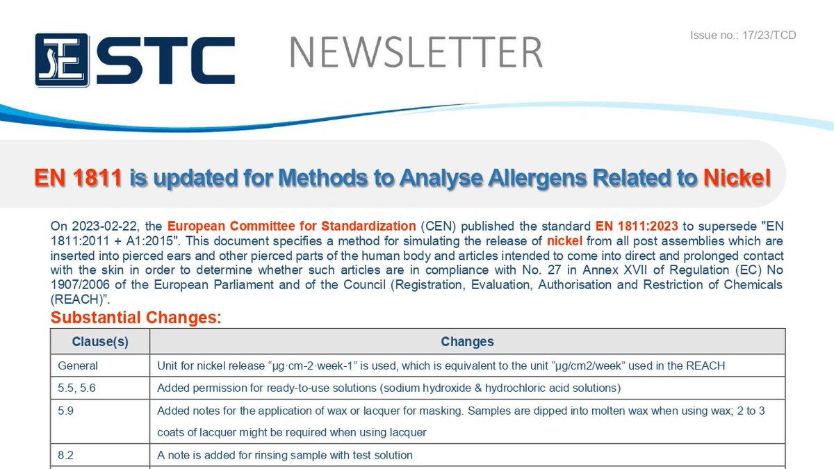 【 EN 1811 is updated for Methods to Analyse Allergens Related to Nickel】

For details, please refer to the link.
stc.group/en/media/detai…

#STC #CEN #nickel #toysafety #productregulation #productsafety #childrenproduct #REACH