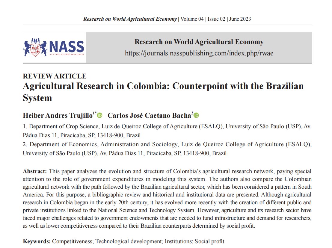 👉Discover the evolution of #Colombia's #agricultural research network and its challenges in competing with #Brazilian counterparts. A fascinating analysis of government expenditures, institutions, and #technologicaldevelopment in the agricultural sector. 
doi.org/10.36956/rwae.…