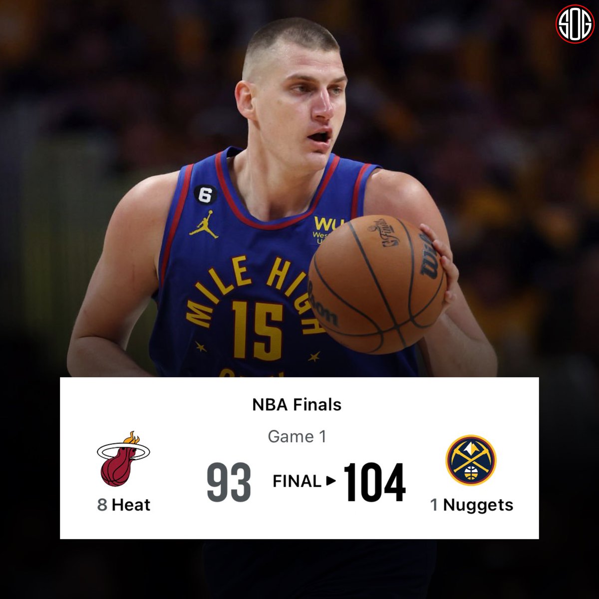 SOGBasketball's tweet photo. Nikola Jokic records yet another triple double to take down the Heat 104-93 in Game 1 of the NBA Finals. https://t.co/TdQNlbTPYX