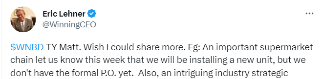 CapitalInc6's tweet photo. @WinningCEO In Dec 2022, you stated you were installing a new unit in an important supermarket chain. It did not happen. Please confirm that this time you received a "formal" P.O., that it's 100% confirmed, happening for sure. TY. A time frame when this install is scheduled would be helpful. https://t.co/HNqZS1bBRJ