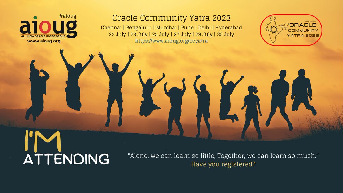 '𝐀𝐥𝐨𝐧𝐞, 𝐰𝐞 𝐜𝐚𝐧 𝐥𝐞𝐚𝐫𝐧 𝐬𝐨 𝐥𝐢𝐭𝐭𝐥𝐞; 𝐓𝐨𝐠𝐞𝐭𝐡𝐞𝐫, 𝐰𝐞 𝐜𝐚𝐧 𝐥𝐞𝐚𝐫𝐧 𝐬𝐨 𝐦𝐮𝐜𝐡.' Have you registered #OCYatra2023? Register Now aioug.org/ocyatra 

@oracleugs @oracleace @Oracle_India @OracleDevs  @OracleDatabase @OracleCloud #IMAttending