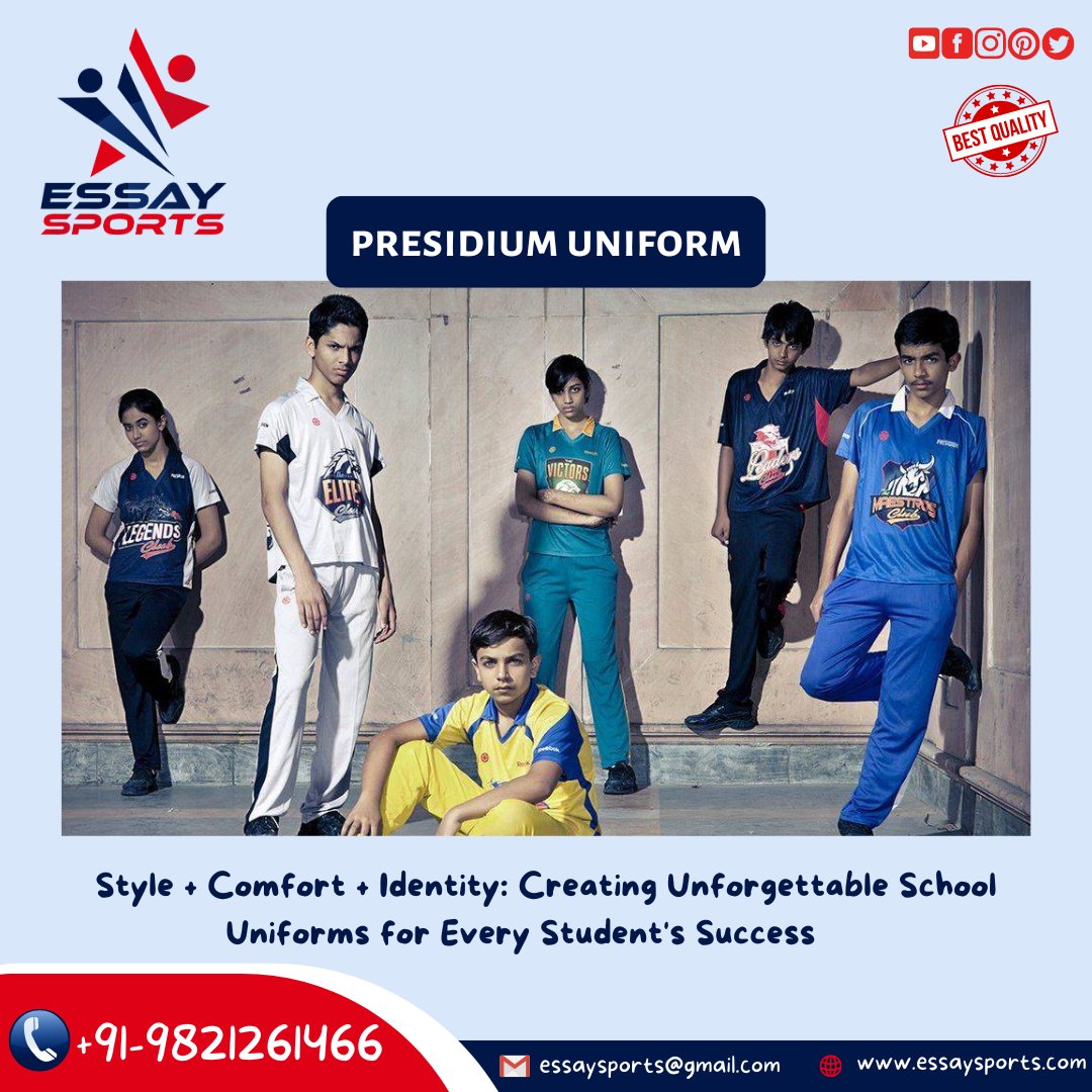 Style + Comfort + Identity: Creating Unforgettable School Uniforms for Every Student's Success 👕✏
For more enquiry plz visit us or call us
💻 essaysports.com
📞+919821261466
#EssaySports #schooluniforms #UniformManufacturer #QualityUniforms
#SchoolStyle #DressForSuccess