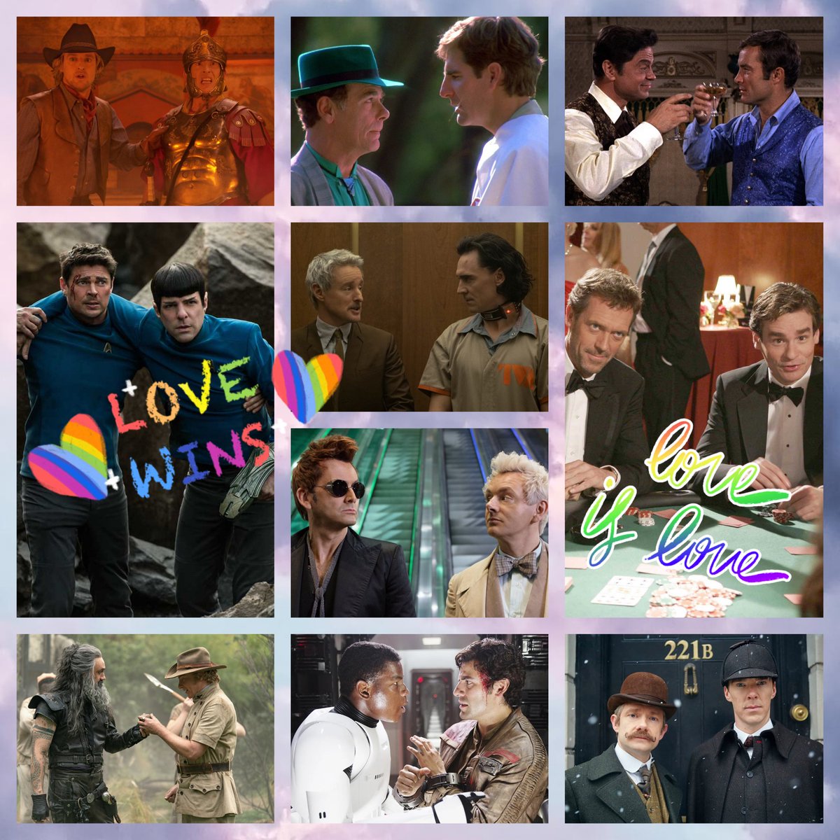 GamingJoy515's tweet image. 2023 Pride Collage! Still not all my ships. #Jedtavius #SamAl #JimArtie #McCock #Lokius #IneffableHusbands #HouseWilson #EdStede #FinnPoe #Stormpilot #Johnlock Coming additions: #HanLeia #McKayBeckett #JackSam &amp;amp; more that I'm currently blanking on. Oh, and my OCs #KorSal