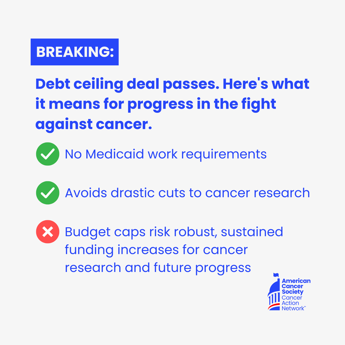 ACSCAN's tweet photo. BREAKING: Congress passed the #DebtCeiling. It heads to POTUS for signature.

A win for cancer patients &amp; families, it protects access to affordable health insurance under #Medicaid w/o passing work requirements &amp; avoids spending cuts + limits caps that can impact #CancerResearch https://t.co/SW3Plu2BpK
