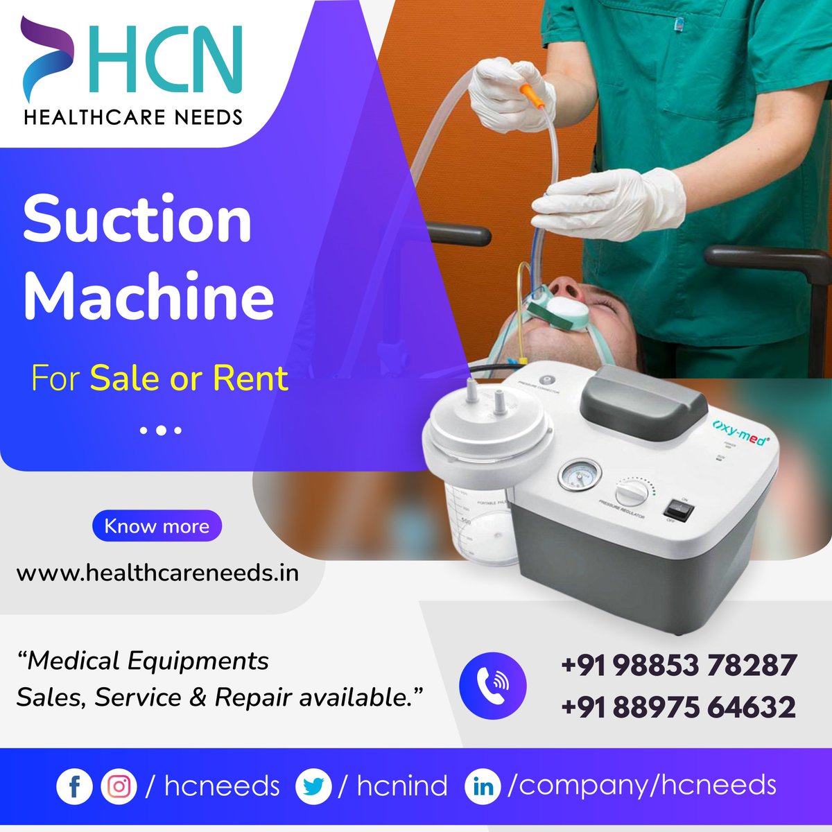 Suction Machine For Sale or Rent.
Medical Equipment vailable on Sale or Rent basis. Service and Repair also available.

Healthcareneeds is one of the best Suction Machine/Suction Pump Supplier/Dealer in Hyderabad, Telangana & Andhra Pradesh.

Contact Us @ +91 98853 78287