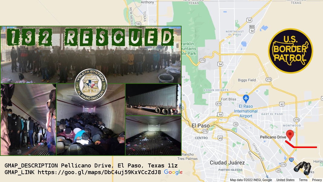 132 migrants rescued inside a tractor trailer in far east El Paso
cbp.gov/newsroom/local…
8 Feb 2022

#USBP agents stopped #human_trafficking via #tractorTrailer

130 #deportables from GT HN MX EC
+2 #UAC GT

#CBP_rescue #CBP_action qt-cbp-media-3238 #borderObserver