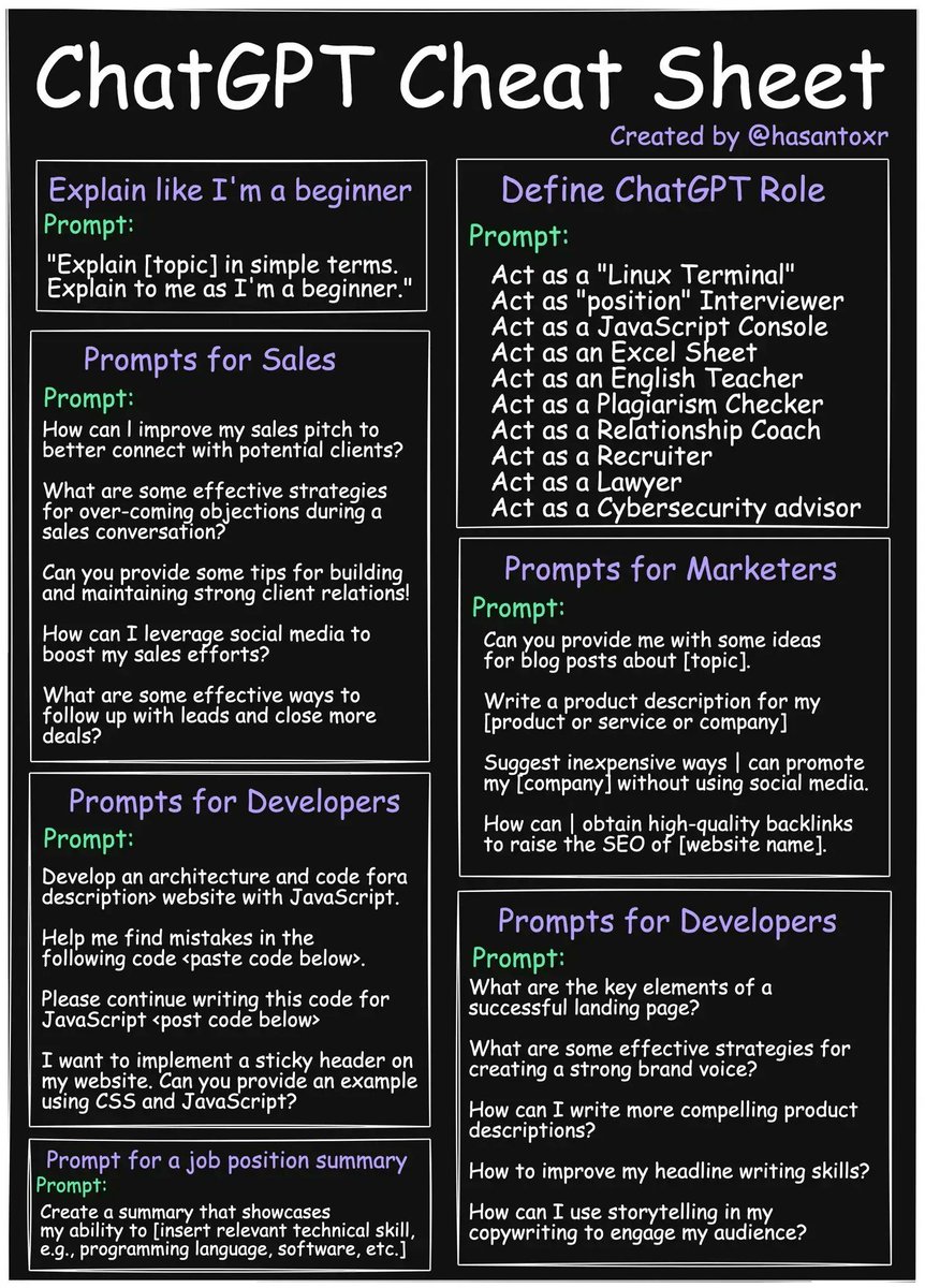 #ChatGPT Cheat-Sheet! #BigData #Analytics #DataScience #AI #MachineLearning #IoT #IIoT #PyTorch #Python #RStats #TensorFlow #Java #JavaScript #ReactJS #GoLang #CloudComputing #Serverless #DataScientist #Linux #Programming #Coding #100DaysofCode   
geni.us/ChatGPT-Ch-She…