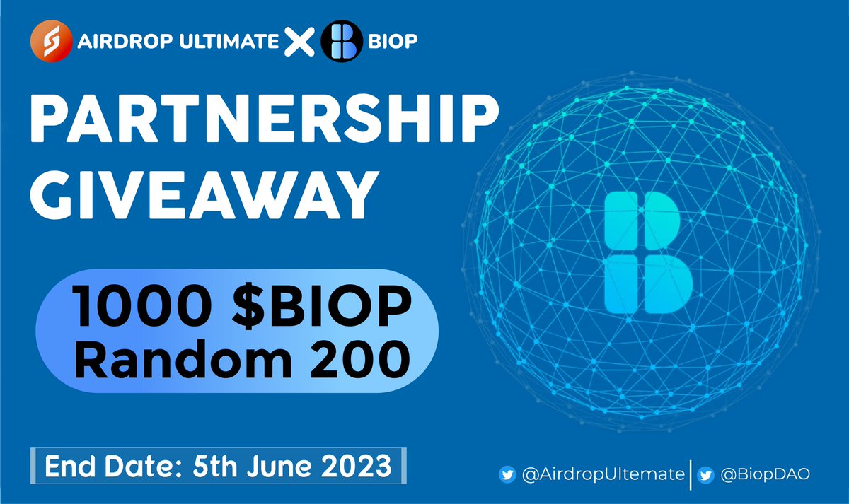 🥳 BIOP X Airdrop Ultimate #Giveaway 

🏆 Prize Pool «» 1000 $BIOP

✅ Follow @AirdropUltemate & @BiopDao
✅ Like, RT & Tag 3 Friends
✅ Complete #Gleam⤵️
gleam.io/6WetG/biop-x-a…

⏳ Ends 5th June

#Airdrop #BIOP #Giveaway #Crypto #Bitcoin #CryptoAirdrop #BTC