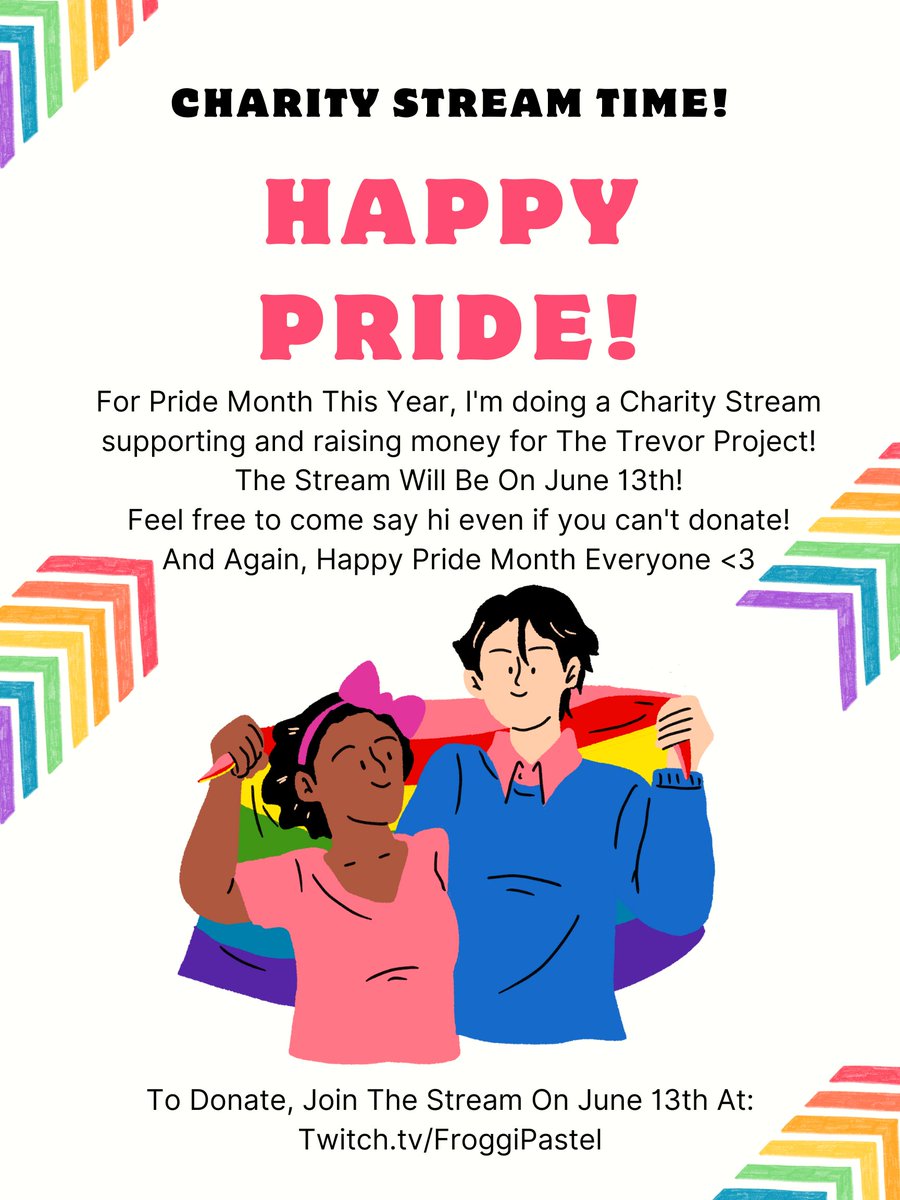 FroggiPastel's tweet photo. Happy Pride Month Everyone!  

This Pride, I'm having a charity stream in support of The Trevor Project! I'll be hanging out with lots of friends, playing games, and raising money for an amazing cause!

Feel free to stop by and say hi, even if you can't donate! https://t.co/Q9OkDsRRPI