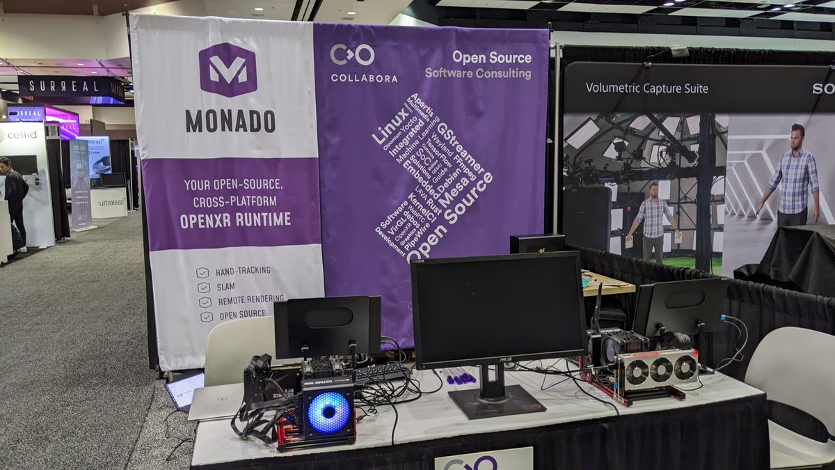 Excited to kick off the second day of #AWE2023 where we'll be presenting the world the possibilities of Monado-powered open-source XR running on linux with handtracking and SLAM tracking. Comme see us at booth 930 #AR #VR