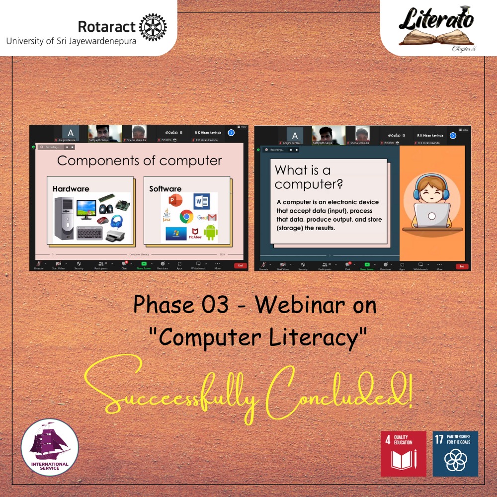 rotaractusjp's tweet photo. The 3rd phase of Literato - Chapter 5, has been successfully concluded. Here, we conducted a webinar on Computer Literacy to uplift the basic computer knowledge of school children.
#Literato_Chapter_5 #RACUSJ #Rotaract #Rotaract3220 #ImagineRotaray #LearnServeandStrive https://t.co/S3QgIQdrtp