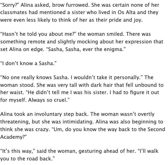 archiveofourown.org/works/34316896…

Alina gets lost in Os Alta and can't find her way back to Second Academy. Thankfully, she finds a helpful stranger.

Featuring: Grisha-verse dark academia remix with student!Alina, headmaster!Sasha and one poaching relative

(1/4)