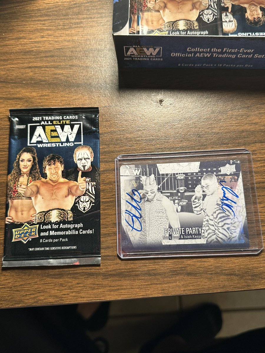 Found a cheap @AEW 2021 hobby box and was lucky enough to pull the black printing plate of private party #isiahkassidy #marqquen #AEW