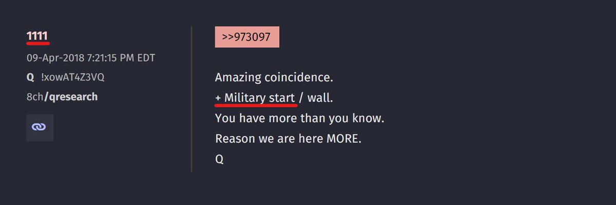 Q 1111
Amazing coincidence.
+ Military start / wall. ⬅️
You have more than you know.
Reason we are here MORE.
Q

His Message,
PEACE THROUGH STRENGTH! = 'MILITARY STRENGTH!'
11:11
Q

#TrustThePlan #PatriotsInControl