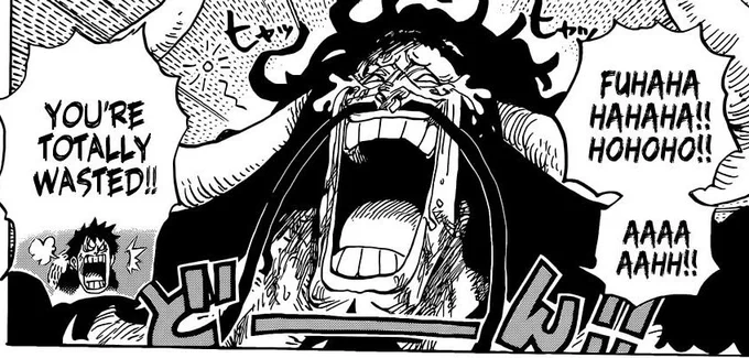 #ONEPIECE1085   I'm curious if anyone else has noticed this, but Oda seems to be on a devil/demon thing lately   Kaido is a Japanese "demon" lord (a drunk, violent Oni)  King is like some depictions of Lucifer (fallen angel of fire)  Imu might be straight up Satan