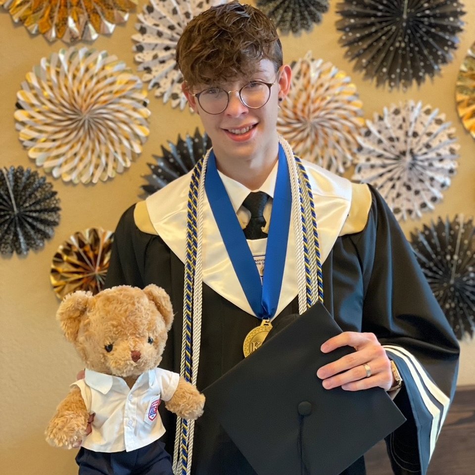DubaiCollege's tweet photo. Congratulations to former student Jack who is now leaving the High School in Texas with several commendations and has been offered a scholarship at university. Good to see that his DC bear has stayed with him on his journey #dcproud #dcalumni https://t.co/RUDV4us19U