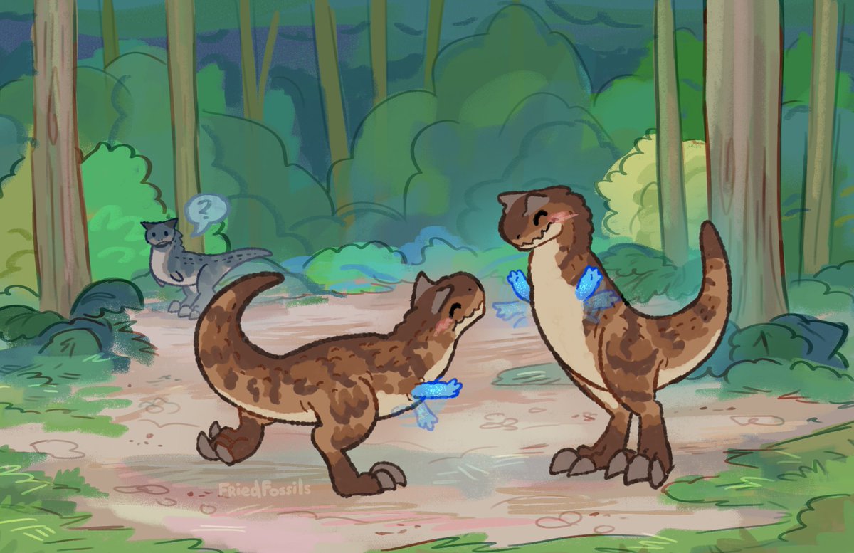 FriedFossils's tweet photo. 🍃 Scouting through the forest, a female Carnotaurus spots two males courting with each other! 💗💕 Happy Pride Month!! 🏳️‍🌈 #paleoart https://t.co/oaN6J2q3yW