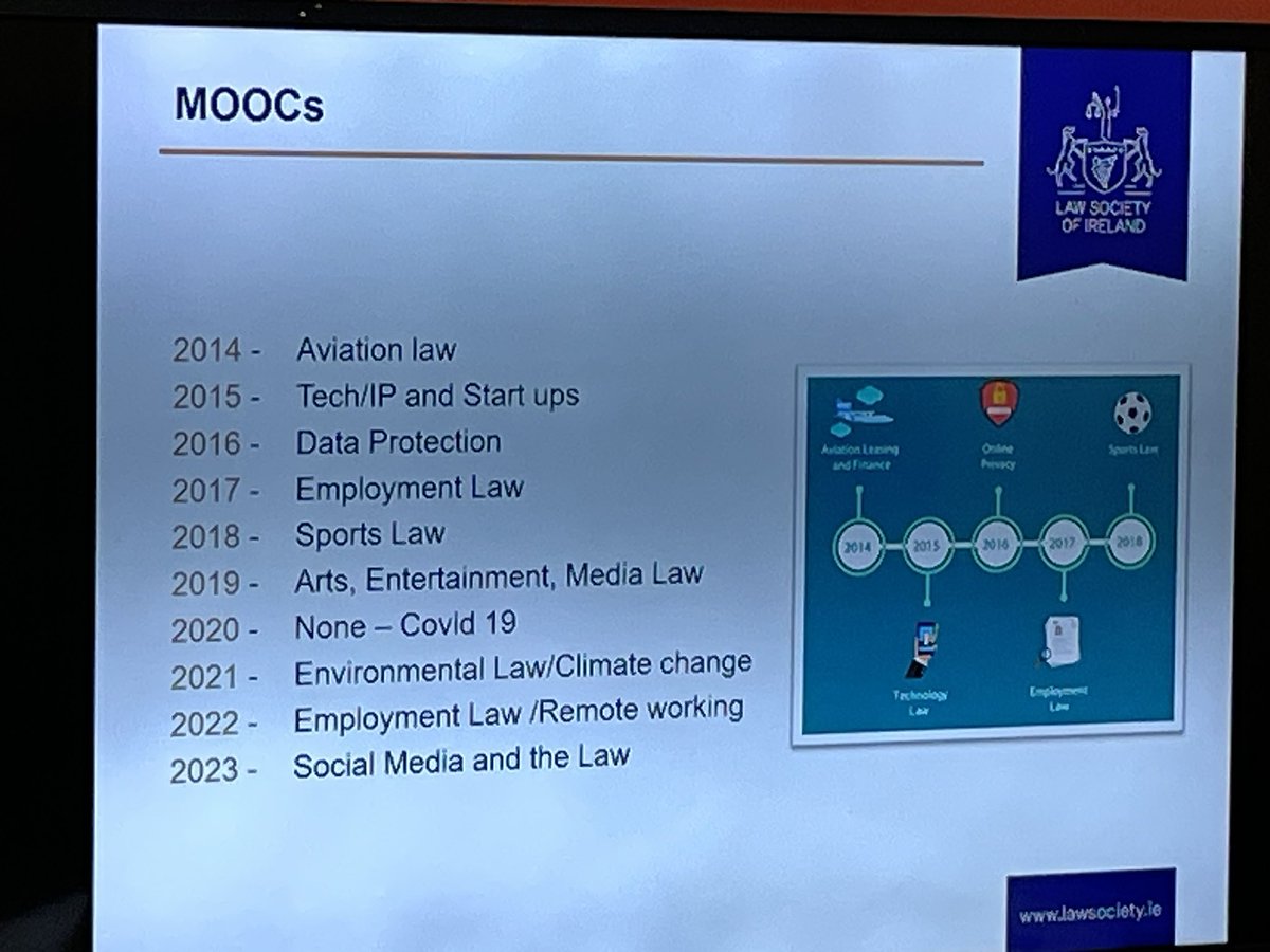 Hearing from @ClaireOMahony10 outline how the @LawSocIreland have worked on the provision of public legal education initiates, to widen access to legal education through online learning with their #MOOC programmes. A journey started in 2014 with many lessons learned #edtechie23