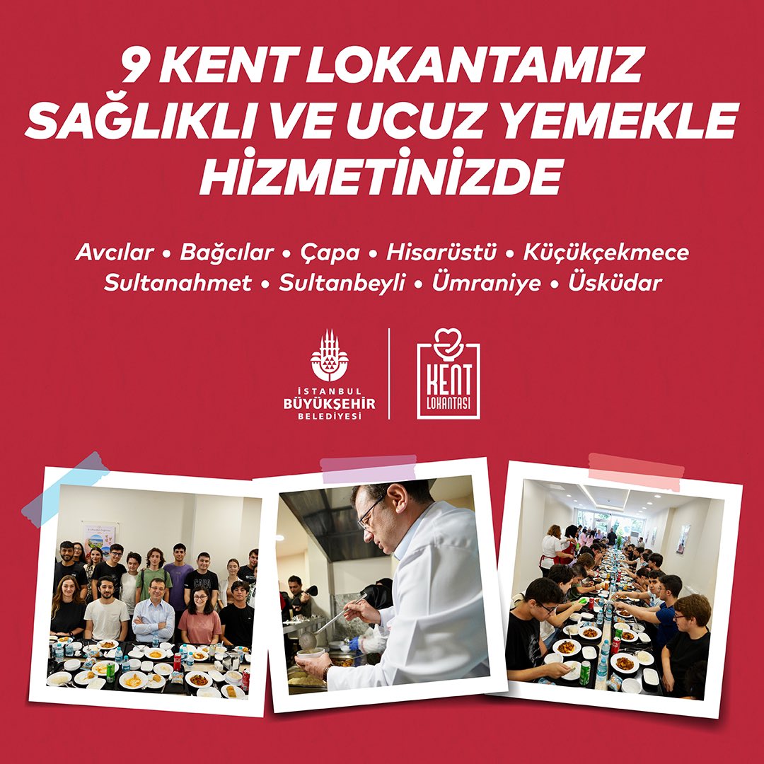 29 TL’ye sağlıklı ve lezzetli yemek sunan Kent Lokantalarımızın sayısı dokuza yükseldi.

📍Avcılar
📍Bağcılar
📍Çapa
📍Hisarüstü
📍Küçükçekmece 
📍Sultanahmet
📍Sultanbeyli 
📍Ümraniye
📍Üsküdar