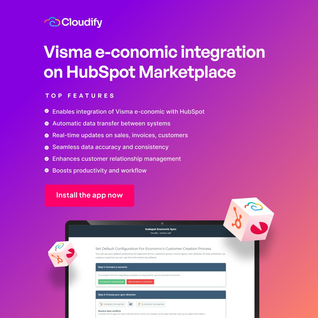 Attention all HubSpot users! Don't miss out on the incredible benefits of the Visma e-conomic integration app available on the HubSpot Marketplace!

If you have not yet installed the app, here's the link: hubs.li/Q01Rs4gX0

#VismaEconomicIntegration #HubSpotMarketplace