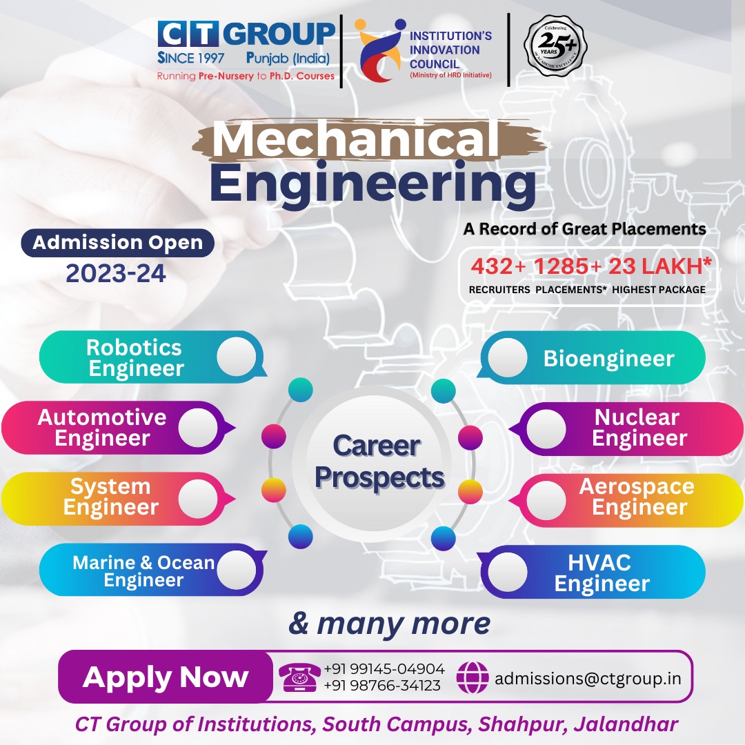 CTGroupshahpur's tweet image. 🤝💥💥Ready to take your engineering career to the next level? 🤝💥💥

📣We offer a B.Tech in Mechanical Engineering that will give you all the skills and knowledge you need to become an industry leader. 📣⁣⁣

#ctgroup #mechnicalengineering #btechme #admission