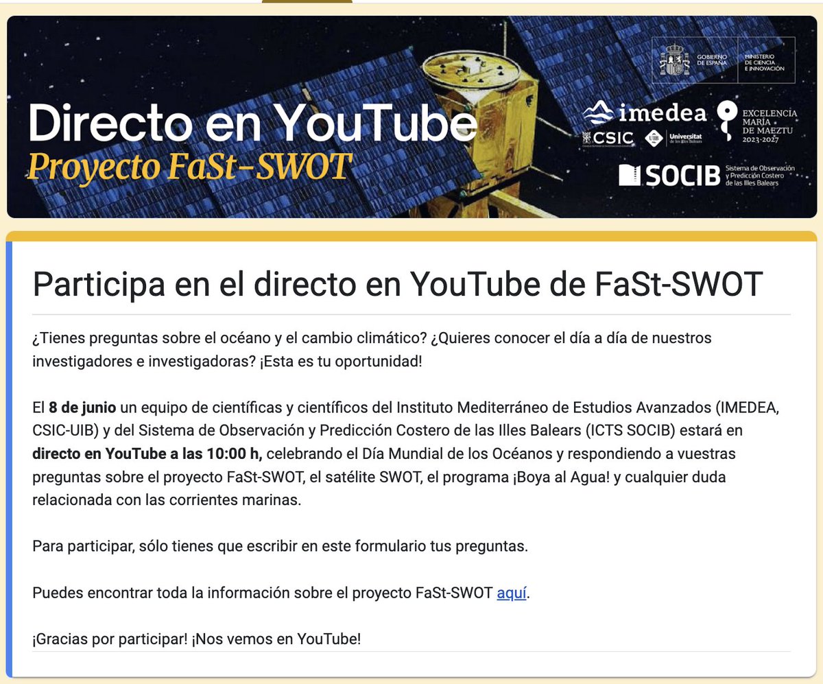 2/2🔴El próximo 8 de junio a las 10:00 estaremos en directo en #YouTube para responder todas vuestras preguntas, desde #cienciasmarinas hasta la vida en un buque oceanográfico.

Participa y haznos llegar tus preguntas a través del formulario 👉shorturl.at/fPX07

#FaST_SWOT