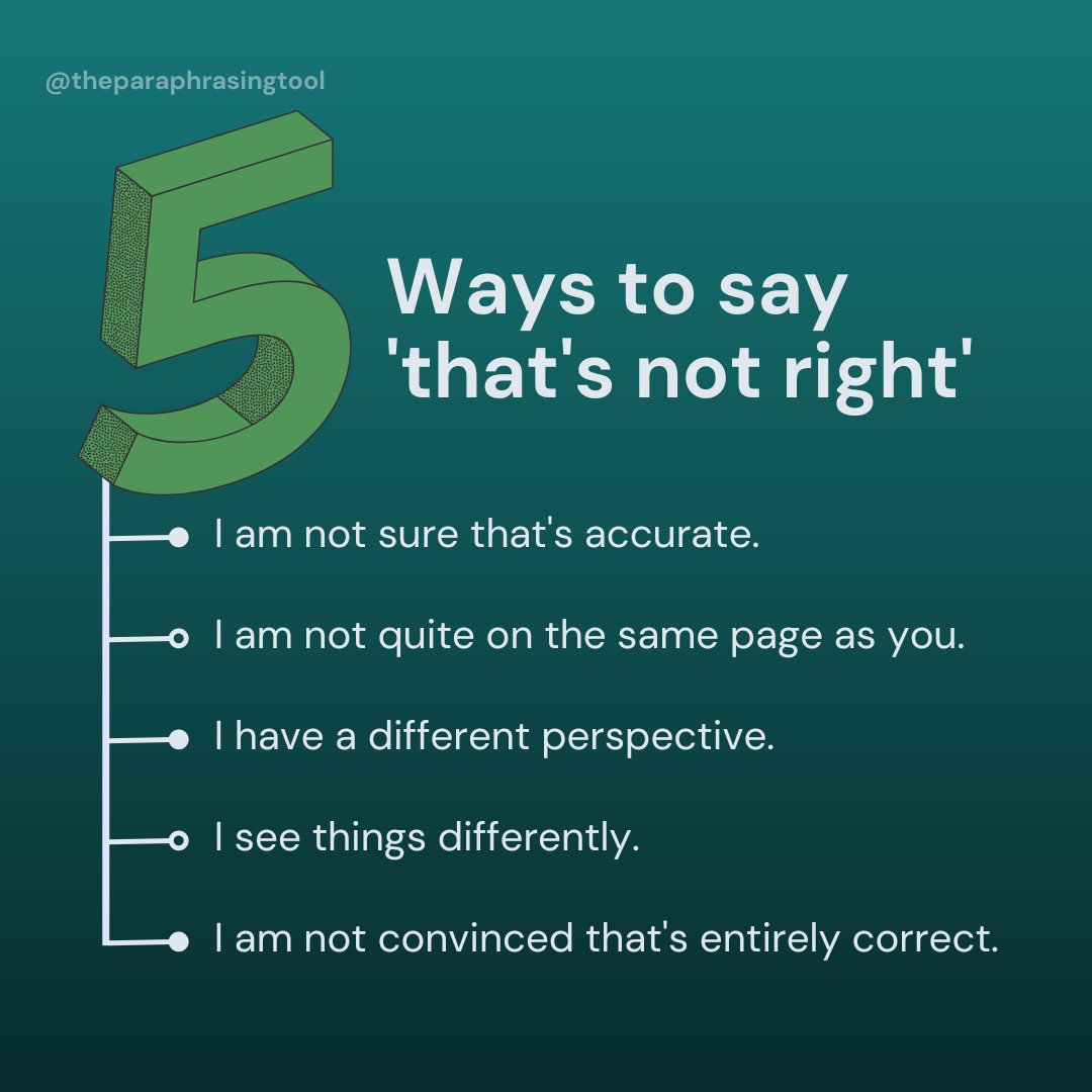 paraphrasing_'s tweet photo. 🔁 'That's Not Right!' 5 Clever Ways to Disagree Politely 😅🔄 These responses will keep the conversation interesting!
#paraphrasingtool #aitool #explore #NotQuiteRight #PoliteDisagreements #AlternativePerspectives #differentways #Thatsnotright https://t.co/iL4Z59wGXB