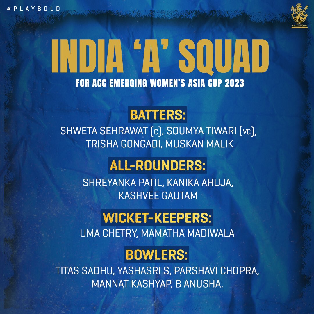 ✌️of our talented youngsters who impressed everyone in the first season of the WPL will be a part of the India A squad! 👊

Wishing our #WomenInBlue all the best for the ACC Emerging Women's Asia Cup! 🇮🇳🔥

#PlayBold #TeamIndia