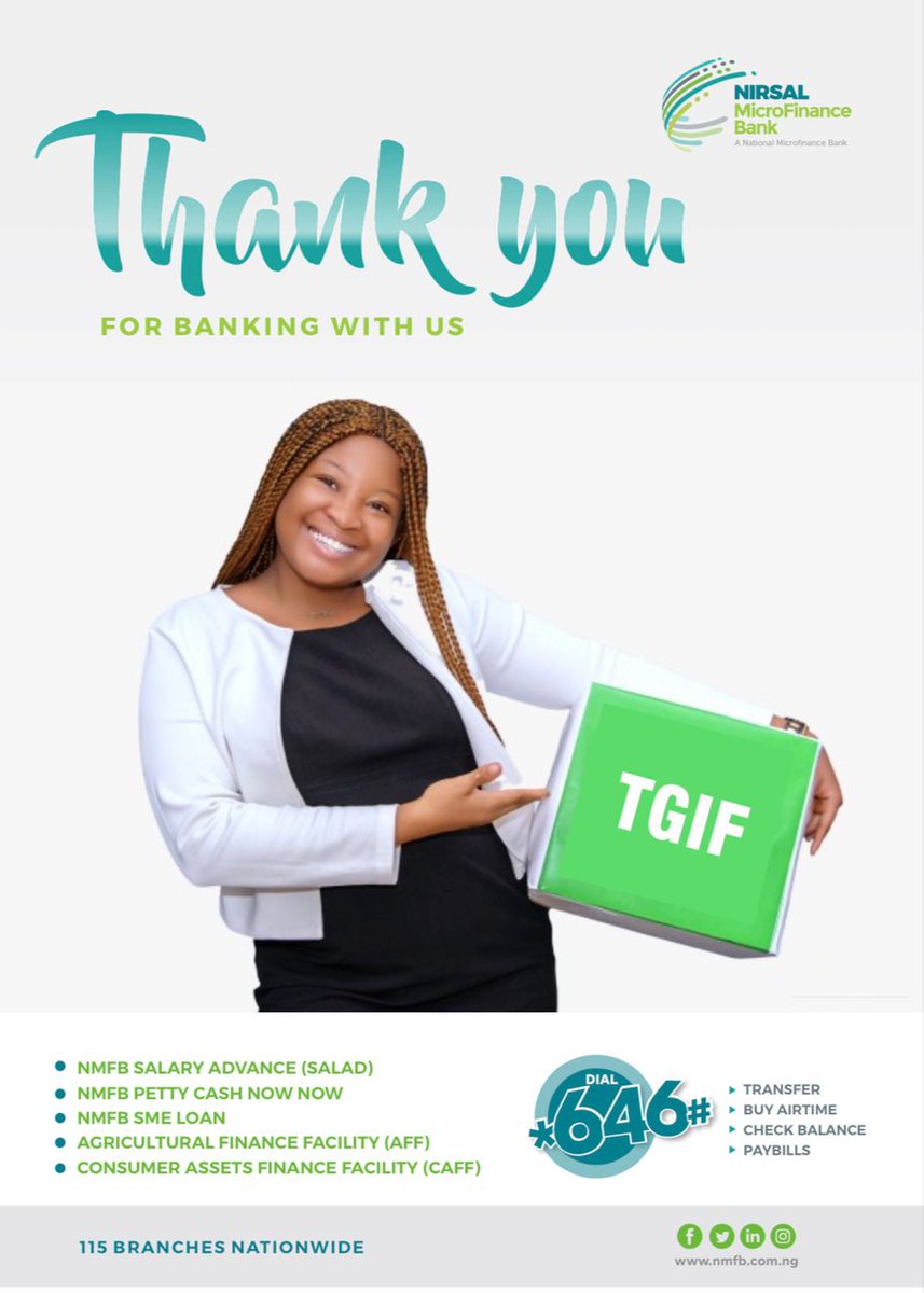 NirsalMFB's tweet photo. Thank you our esteemed customer for your  trust, loyalty, partnership and feedback. Your satisfaction will always remain our top priority. Don’t forget to use  our e-channels this weekend!!! #Ibanking #mobileapp #ussd  #Tgif https://t.co/4c11YCzIBQ