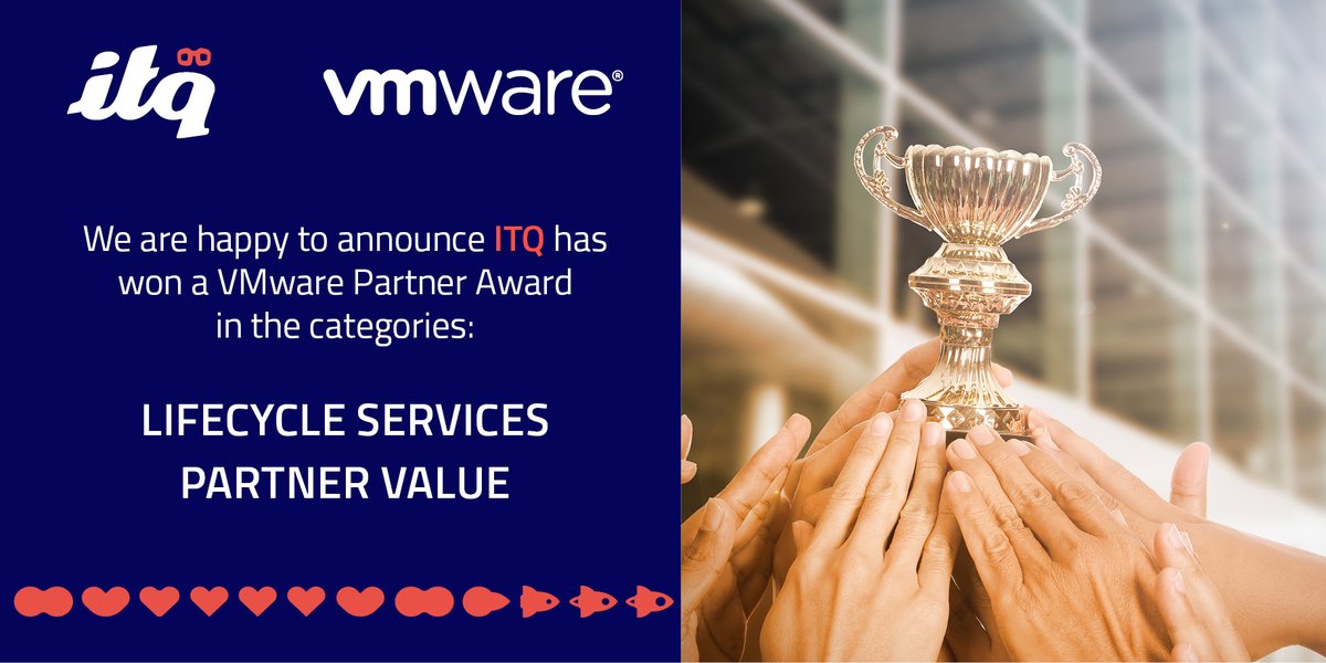 We are happy to announce @ITQ has won two @VMware Partner Awards in the categories: 𝗟𝗶𝗳𝗲𝗰𝘆𝗰𝗹𝗲 𝗦𝗲𝗿𝘃𝗶𝗰𝗲𝘀 and 𝗣𝗮𝗿𝘁𝗻𝗲𝗿 𝗩𝗮𝗹𝘂𝗲! 🏆

Congratulations to all the other winners! 🎉

#partneraward #vmwarepartners #awards #vmware