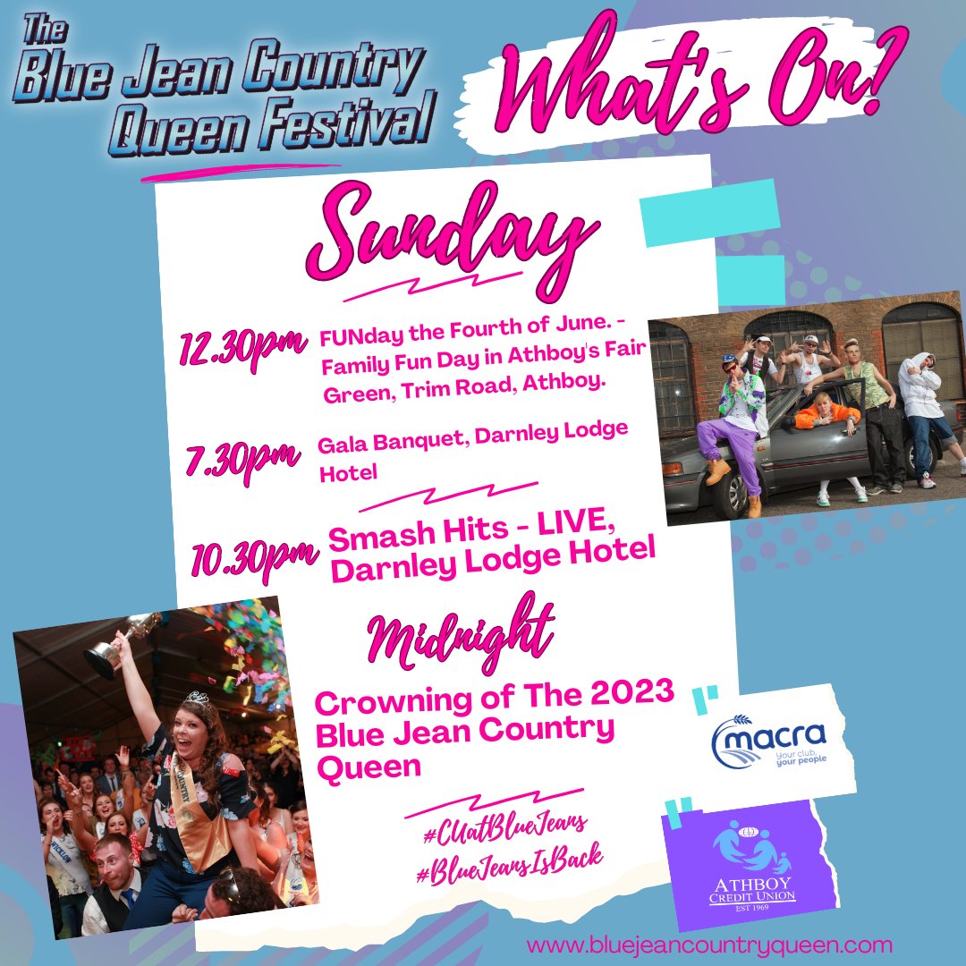 BlueJeanFest's tweet image. We're so excited to welcome you all back to the beautiful town of Athboy tomorrow a jam-packed June Bank Holiday weekend! 

To help you plan your weekend why not check out this full schedule of all our official events?

#CUatBlueJeans #BlueJeansIsBack