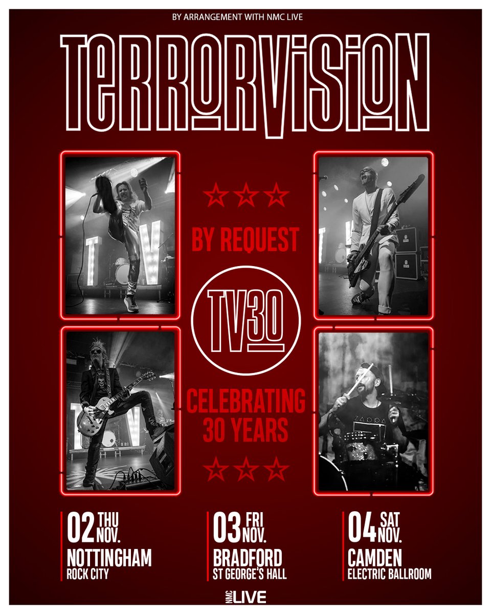 In celebration of their 30th anniversary, @terrorvision have announced three special headline shows this November - where they will play all 13 of their top 40 hits alongside audience voted songs! Tickets for shows in Nottingham, Bradford and London have just gone on sale:…