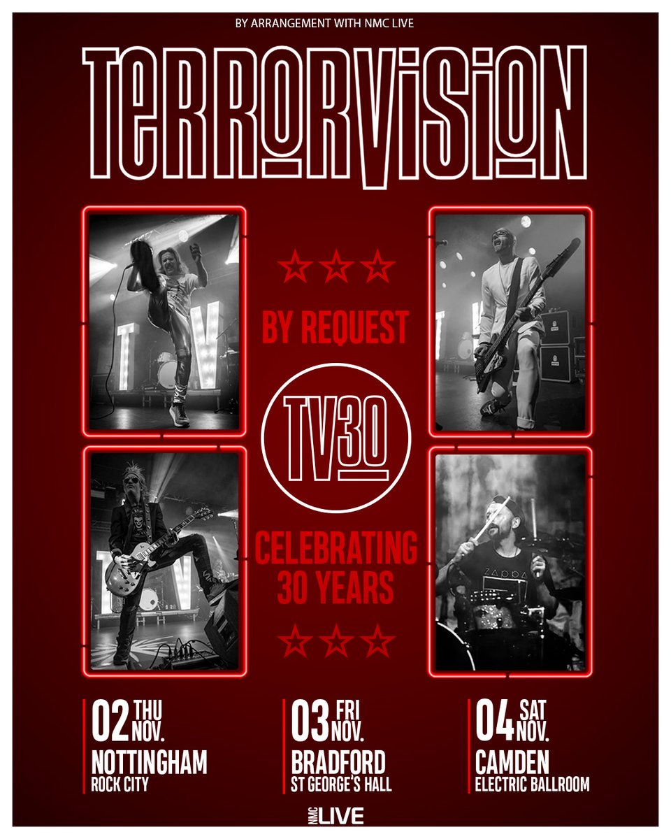gigseekr (@gigseekr) on Twitter photo In celebration of their 30th anniversary, <a href="/terrorvision/">terrorvision</a> have announced three special headline shows this November - where they will play all 13 of their top 40 hits alongside audience voted songs!
Tickets for shows in Nottingham, Bradford and London have just gone on sale: In celebration of their 30th anniversary, <a href="/terrorvision/">terrorvision</a> have announced three special headline shows this November - where they will play all 13 of their top 40 hits alongside audience voted songs!
Tickets for shows in Nottingham, Bradford and London have just gone on sale: