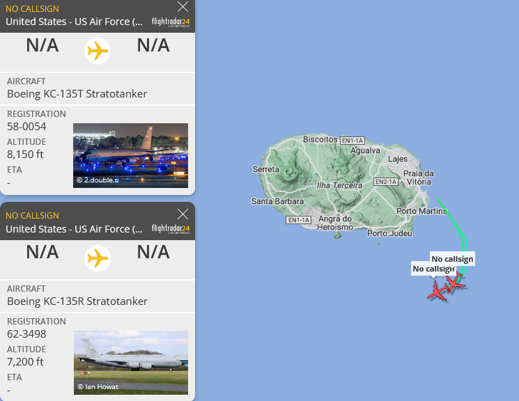 SirListenalot's tweet photo. #KC135's out of Lajes: #AE035B as #ROMA65 (to Pease) &amp; #AE07B4 as #ROMA63 (local), dragging six "KC" #A10's as #TREND21-26 https://t.co/na2YVW6PNX