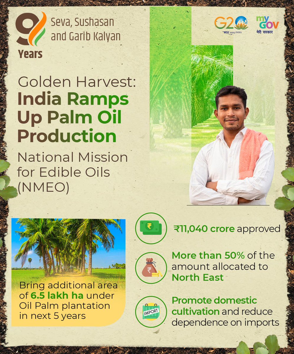 The National Edible Oil Mission (#NEOM) is an initiative aimed at promoting domestic #production of edible oils, reducing the dependence on imports, and providing support to #farmers in the edible oil sector.

#9YearsEmpoweringAnnadatas #agrigoi #edibleoils