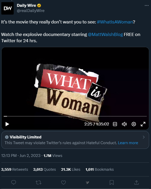 FightLeft's tweet image. Watch Daily Wire's "What is a Woman?" for free.
Twitter has disabled retweets because they don't want you to know what a woman is. #whatisawomen