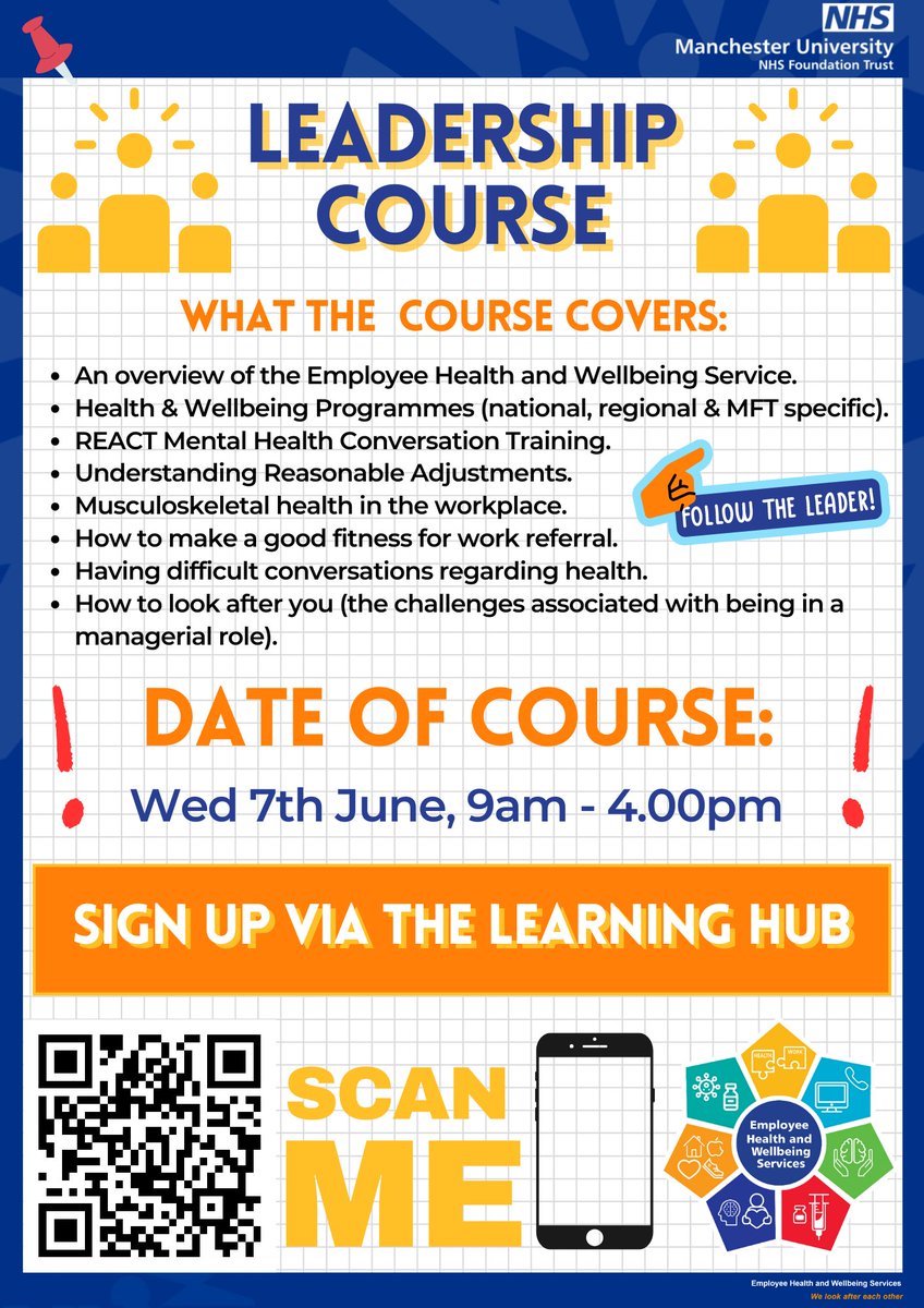 Leadership Course 7 June 9am-4pm
Are you a manager or leader and would like to gain knowledge on supporting your staff to maintain their health &amp; wellbeing? 
We have a full day dedicated to this including difficult conversations <a href="/MFTnhs/">MFT NHS</a>
Book <a href="/MftLearning/">MFT_Learning Hub</a>: shorturl.at/bjC08