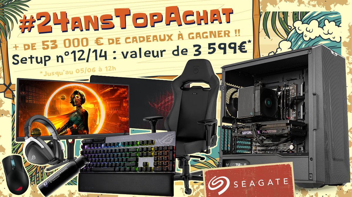 Concours 🎁 #24AnsTopAchat 🔥 + de 53 000 € de cadeaux à gagner ! 🔥 Go sur le #Setup12 de 3599 € ! Pour participer ☑ #RT ce tweet ☑ Follow @TopAchat Participe aussi sur TikTok / Discord / Insta / Facebook topachat.com/p/content/conc… 🍀 TAS le 05/06 à 12h