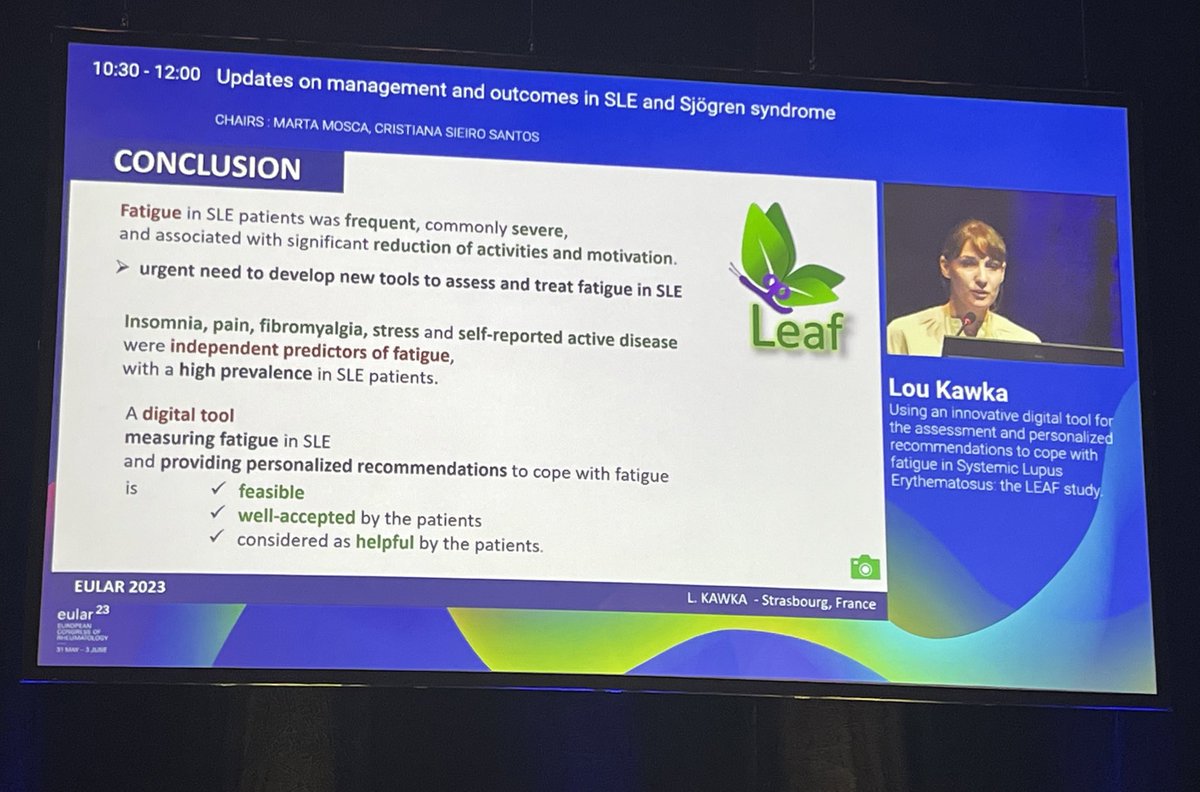 A new and innovative online tool (LEAF) used in 1250 #Lupus patients was able to measure fatigue and give recommendations, &gt;90% considered it to be helpfull, very promising, ready for broader use?
#EULAR2023 #Rheumatology #RheumTwitter #SLE