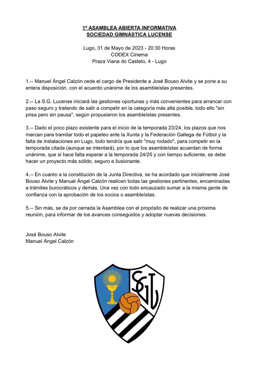 COMUNICACIÓN OFICIAL: Acordos alcanzados na primeira Asemblea da Sociedade Ximnástica Lucense. 🤝
#Lugo #Fútbol #UnhaNovaOportunidade