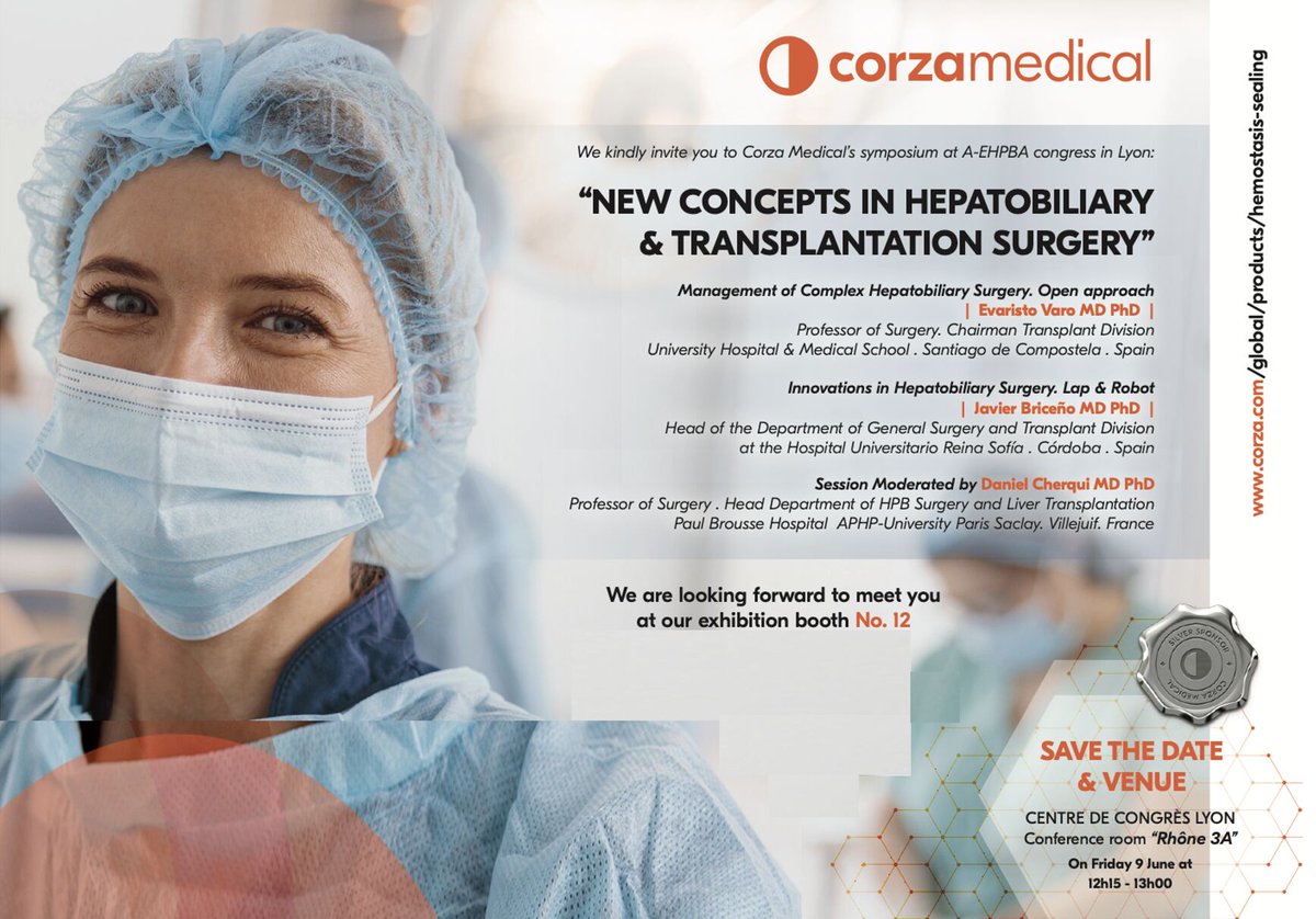 A warm welcome awaits at booth #12. The Corza Medical team are looking forward to welcoming one and all.  Please join the team for the Corza supported symposium "New Concepts In Hepatobiliary and Transplant Surgery.
#neverstoplearning #orange
