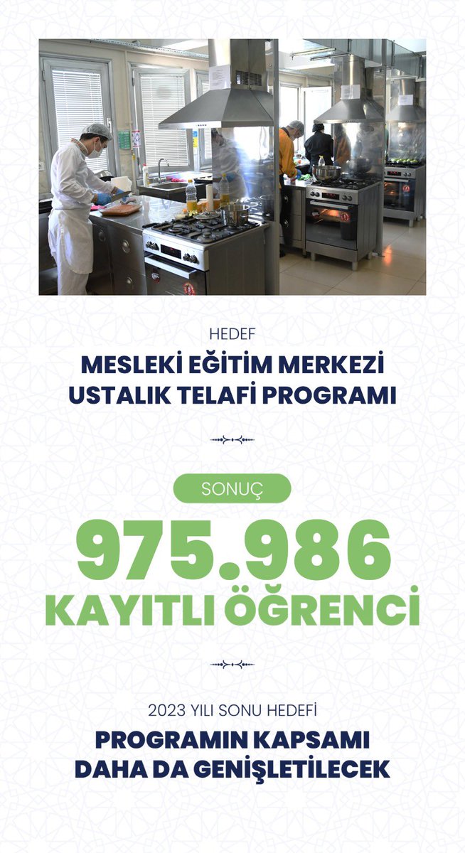 Bakanlığımızca belirlenen birçok alanda “Mesleki Eğitim Merkezi Ustalık Telafi Programı” ile yaş şartı aranmaksızın en az ortaöğretim kurumu mezunu vatandaşlarımıza “ustalık belgesi” alma imkânı sağladık. 

Ülkemizin kalkınmasında stratejik öneme sahip “çırak, kalfa, usta ve usta