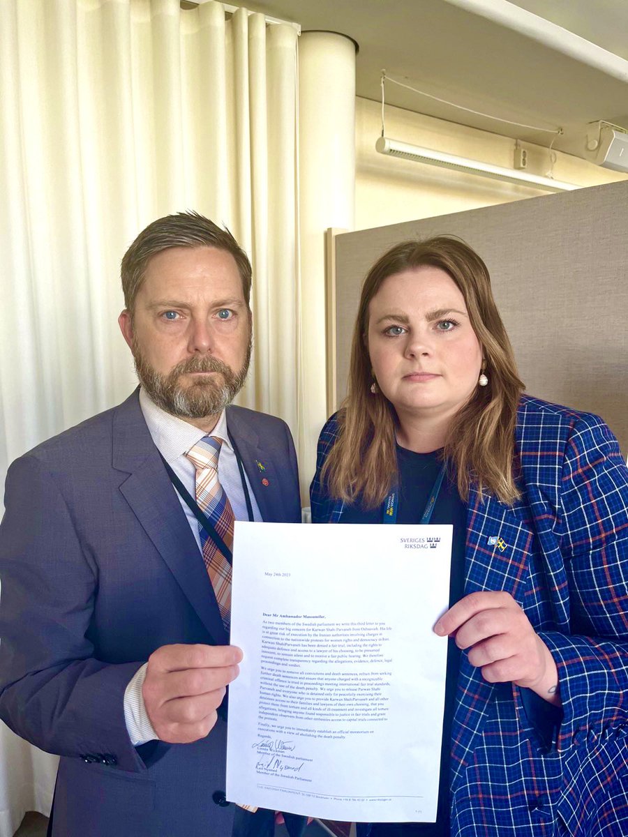 Me and my colleague Leif Nysmed has now sent a third letter to the Iranian ambassador to Sweden about #KarwanShahiParvaneh. We urge the Iranian regime to release the political prisoners and refrain from using the death penalty. #womenlifefreedom #IRGCterorrists #politicalsponsor