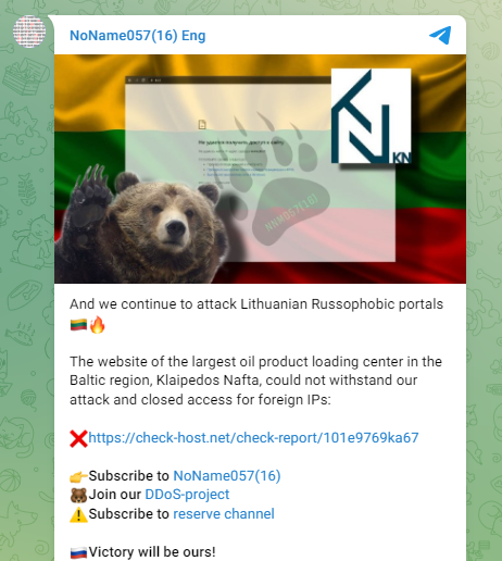 NoName hackers group claims to have targeted the website of the largest oil product loading center in the Baltic region, Klaipedos Nafta. 

#Lithuania 
#cti #threatintel #cyberattack