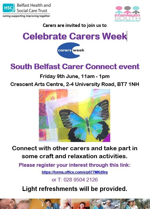 forward_south's tweet photo. We are delighted to be co-hosting the South Belfast Carers Connect Event with @BelfastTrust Carers Support Service on Friday 9th June @CrescentArts 11am-1pm. We have Felting Art &amp; Craft Activity along with relaxation hand / arm massages - everyone welcome! #CarersWeek2023 https://t.co/i4AGTxXBgs