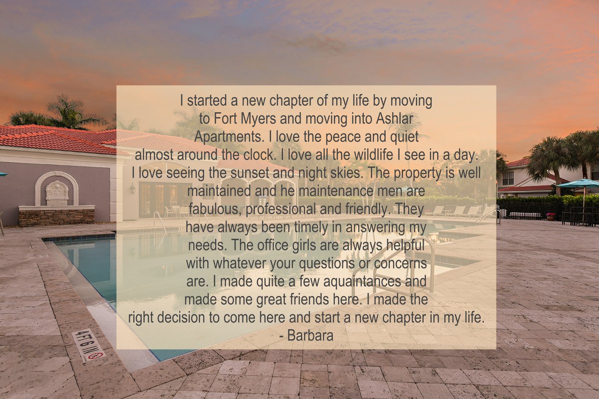 AshlarFl's tweet photo. Welcome home to The Ashlar, Barbara!
We are so happy you chose to call our community your new home.

#WeLoveOurResidents #LoveWhereYouLive #FortMyers #LuxuryRentals #Community #Caring #TheAshlar #WelcomeHome https://t.co/jlMOaRELvF