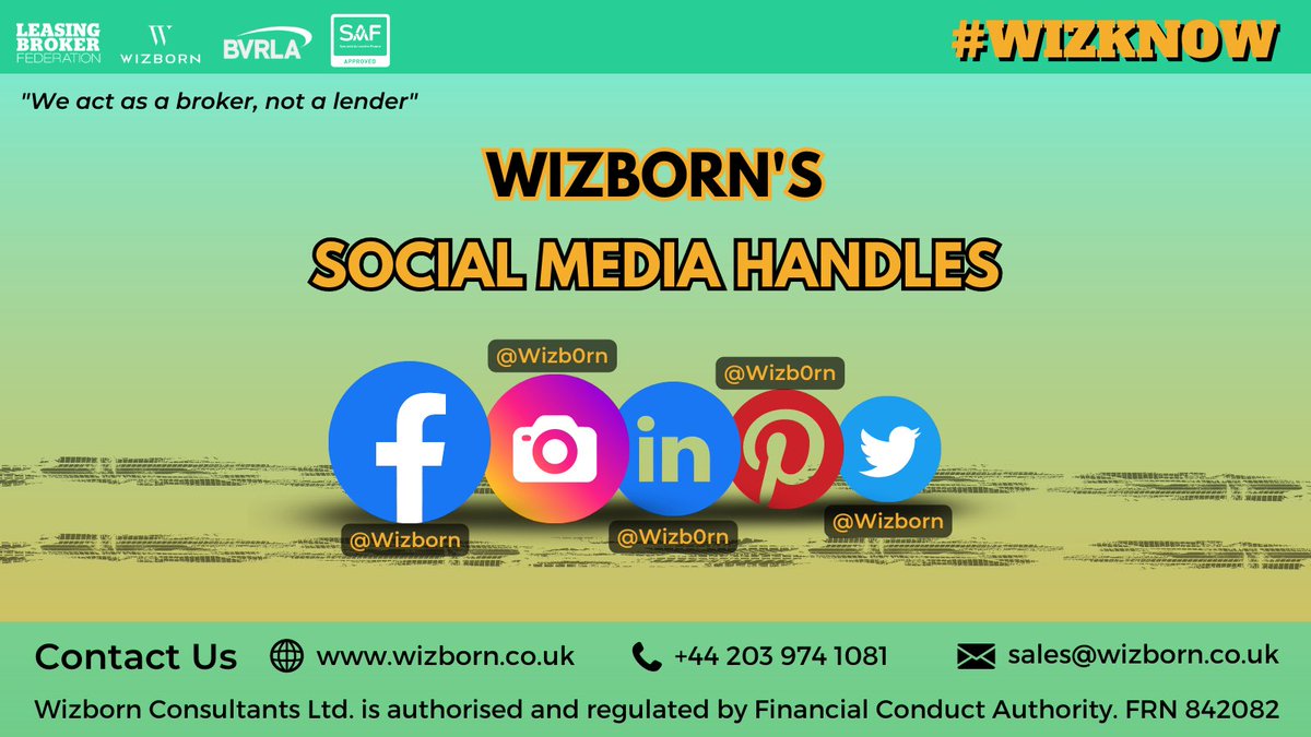 Stay connected with Wizborn through our active social media channels and enjoy a world of car leasing expertise and excitement
 
#Wizborn #WizbornUK #CarFinance #CarPurchase #CarLeasing #VehicleFinance #VehiclePurchase #VehicleLeasing #FinanceBroker #LeaseBroker #Motordealership