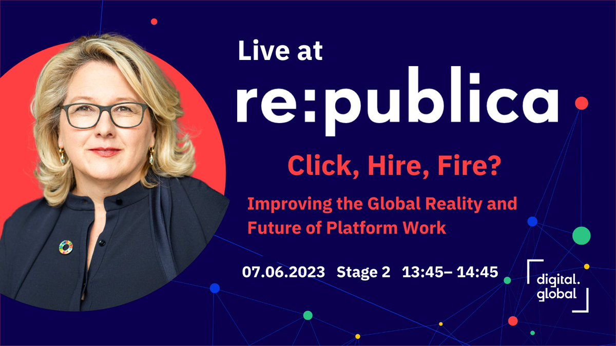 📢 Federal Minister @SvenjaSchulze68 willl speak at @republica on improving #platformwork. The panel with @Fairwork, @DOTKenya, @oiioxford will discuss how to aim for a safer, regulated and fair #gigindustry. All of @BMZ_Bund's slots at #rp23 👉shorturl.at/rwRW1
